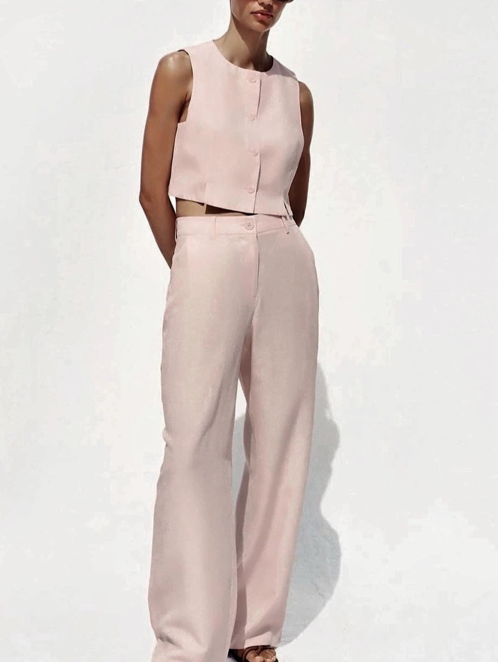 Zara Tailored Linen-Blend Vest & Wide-Leg Pants Set Pink